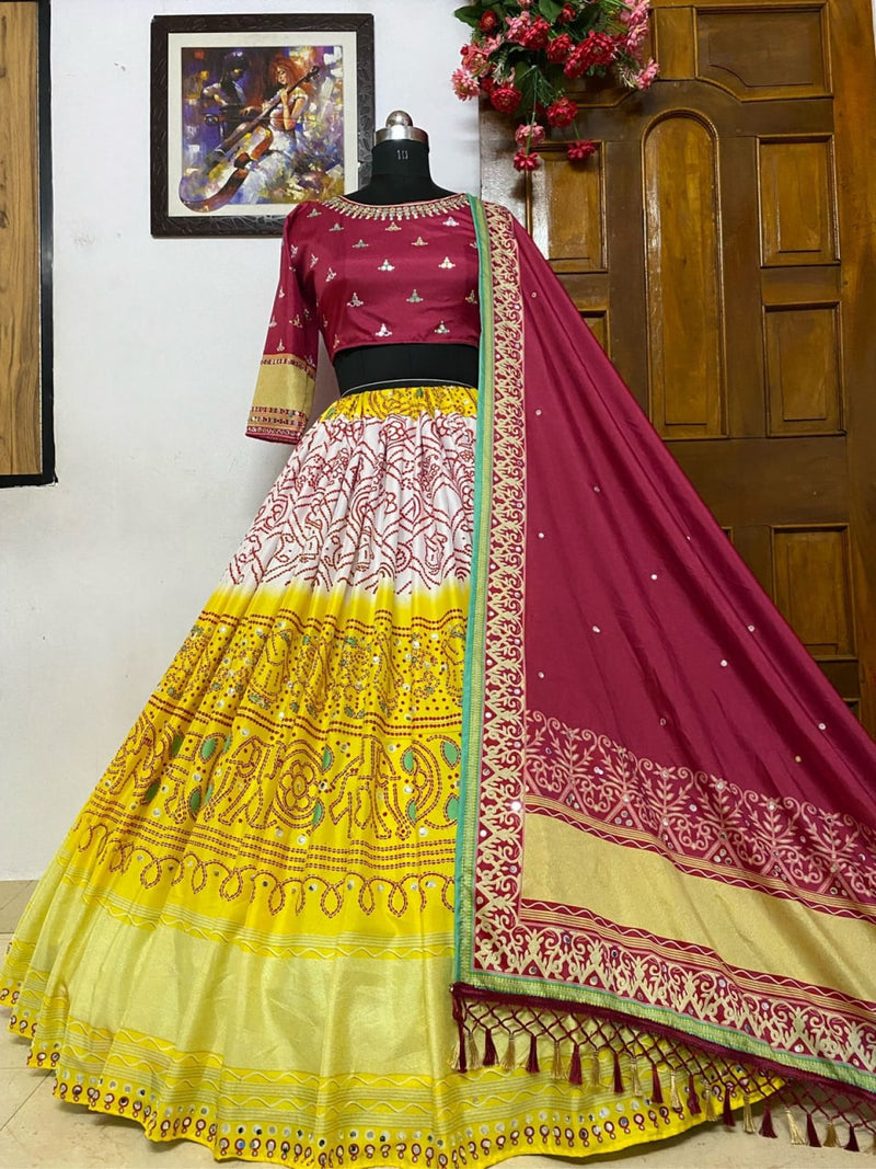 Yellow butter silk digital printed real mirror work lehenga choli