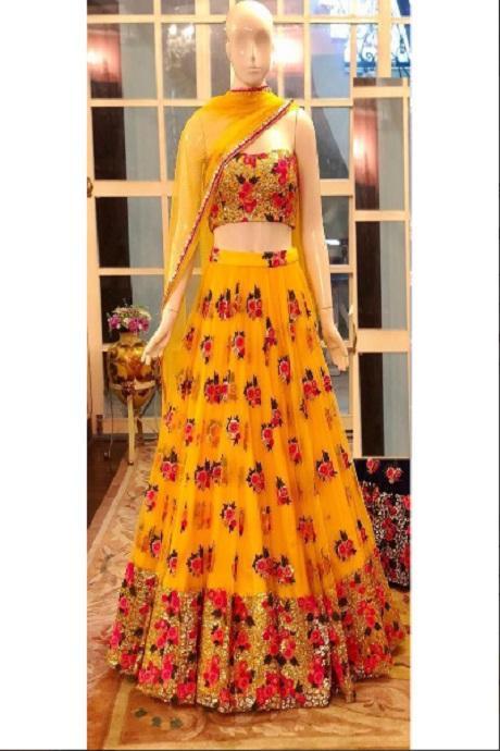 Traditional Party-Wear Yellow Designer Net Lehenga Choli