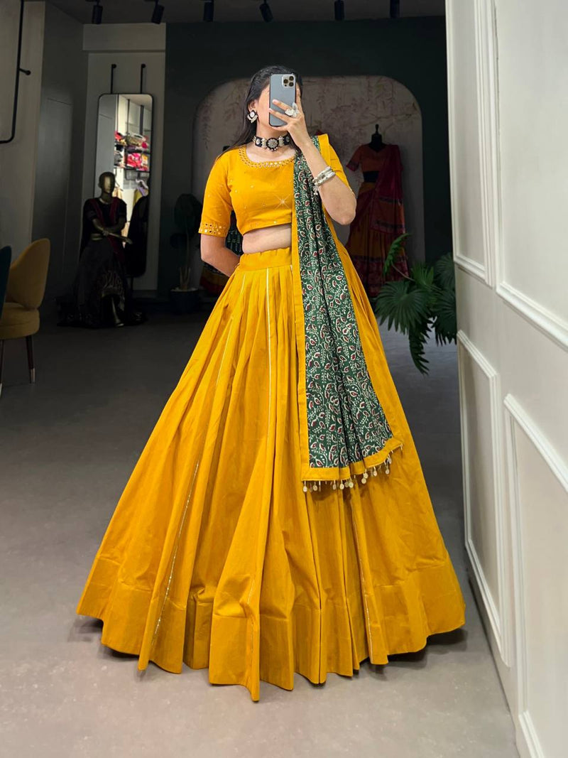 Yellow Color Sabyasachi Kutchi Gamthi Work Lehenga Choli For Women