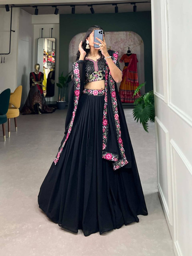 Precious Black Indian Wedding Lehenga Choli in Printed Rayon With Sequence Embroidery For Women