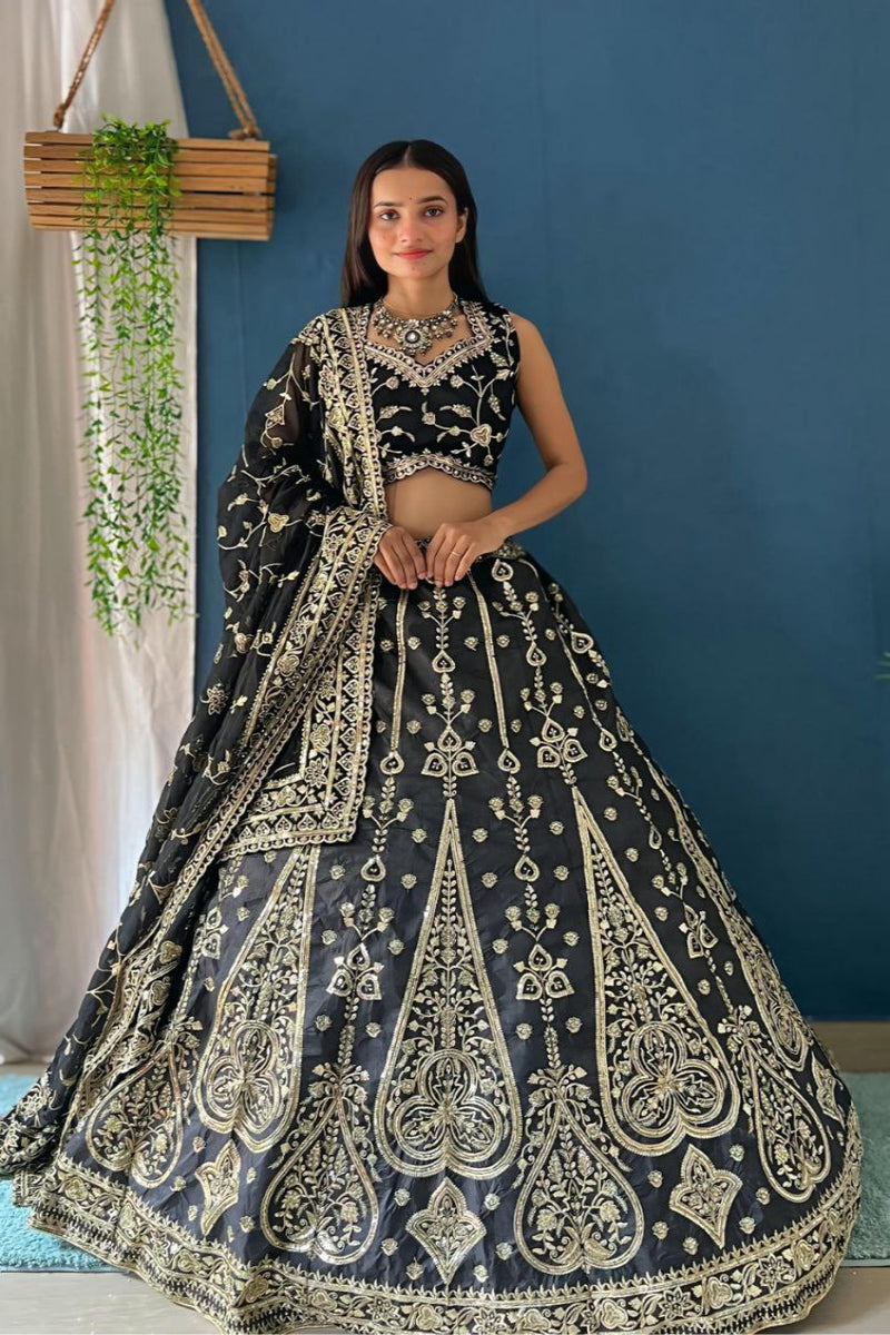 Precious Black Indian Wedding Lehenga Choli in Jalppari Silk With Sequence Embroidery For Women