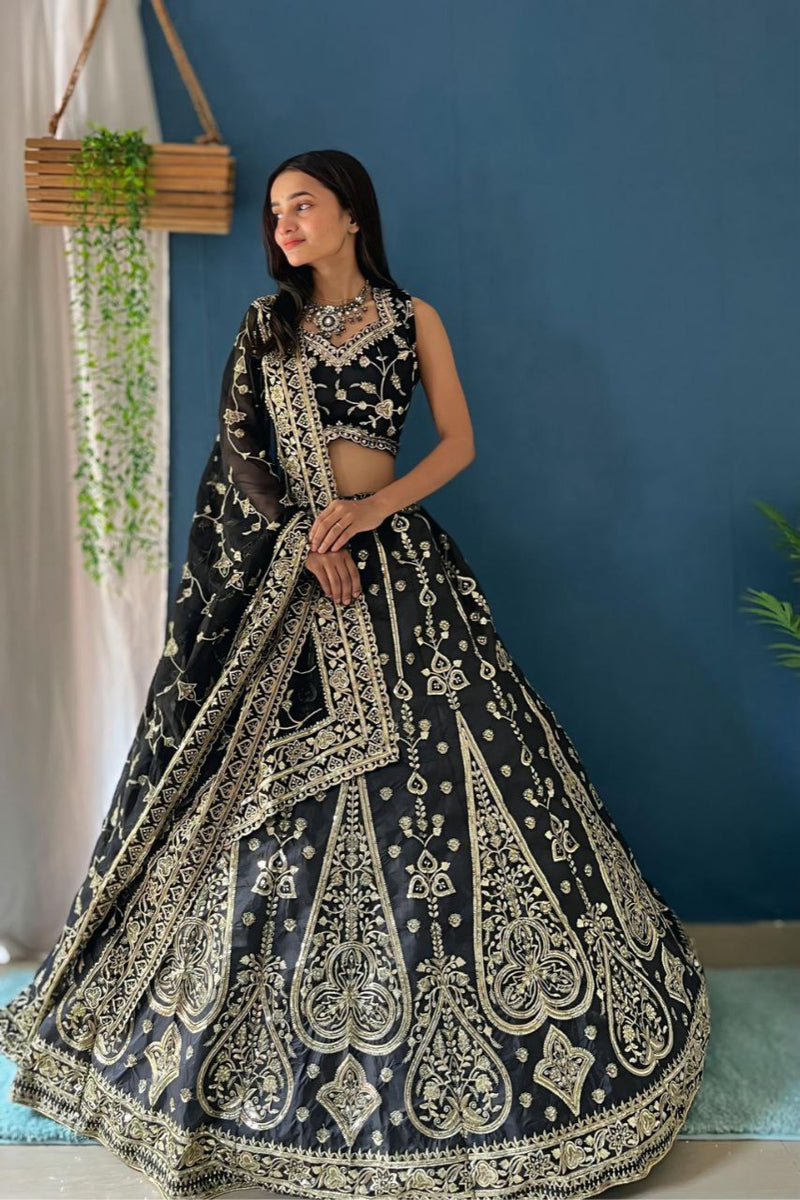 Precious Black Indian Wedding Lehenga Choli in Jalppari Silk With Sequence Embroidery For Women