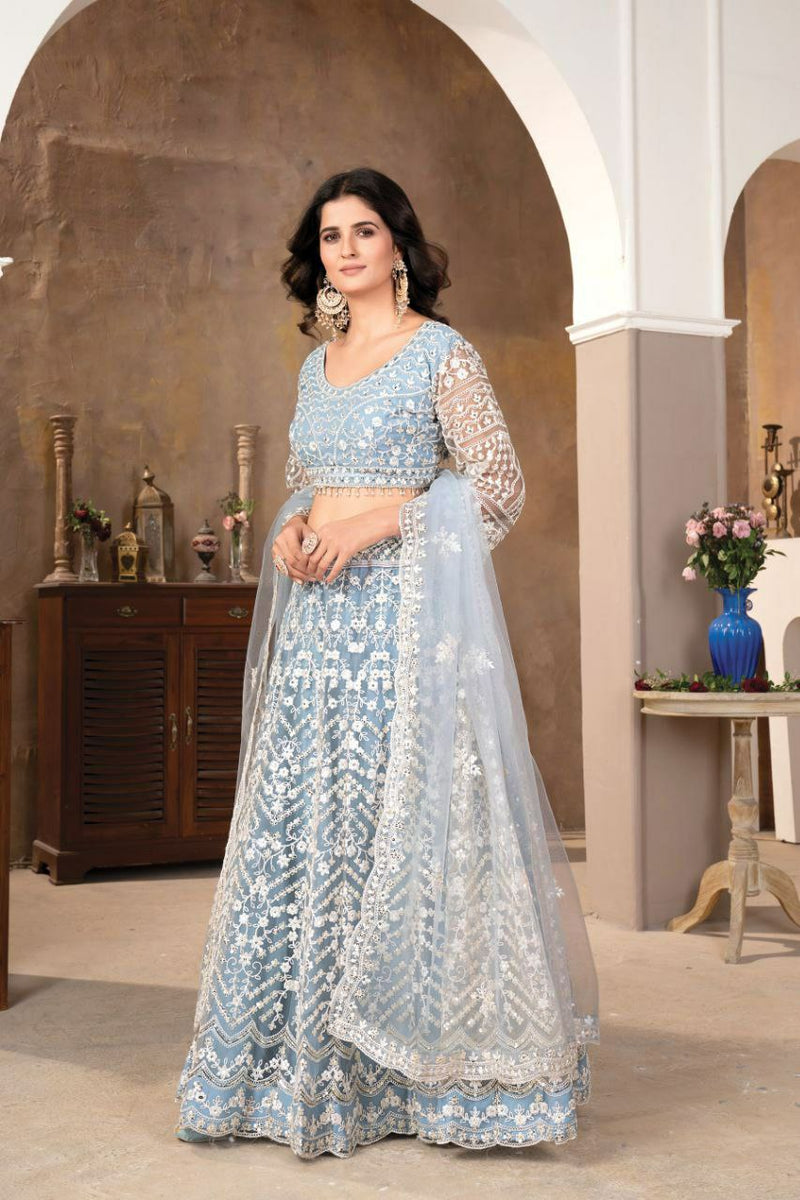 Stylish Sky Blue Faux Georgette Lehenga Choli With Thread Embroidery For Women