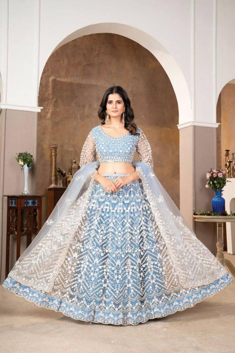 Stylish Sky Blue Faux Georgette Lehenga Choli With Thread Embroidery For Women