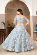 Stylish Sky Blue Faux Georgette Lehenga Choli With Thread Embroidery For Women