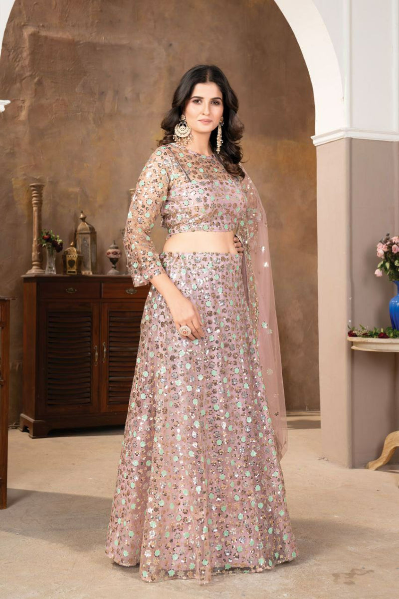 Stylish Peach Faux Georgette Lehenga Choli With Thread Embroidery For Women