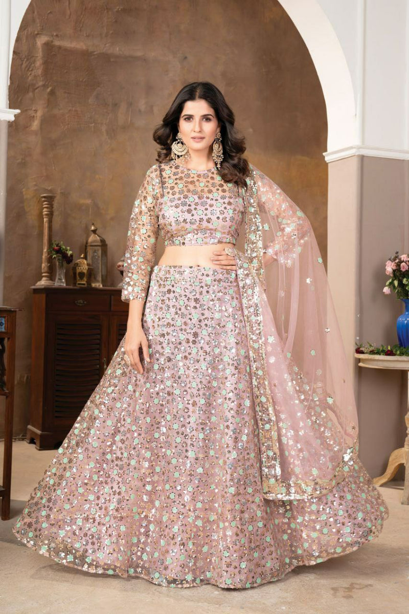 Stylish Peach Faux Georgette Lehenga Choli With Thread Embroidery For Women