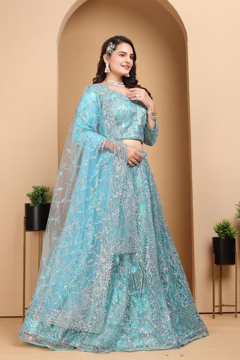 Presenting Light Blue Faux Georgette Lehenga Choli With Thread Embroidery For Women