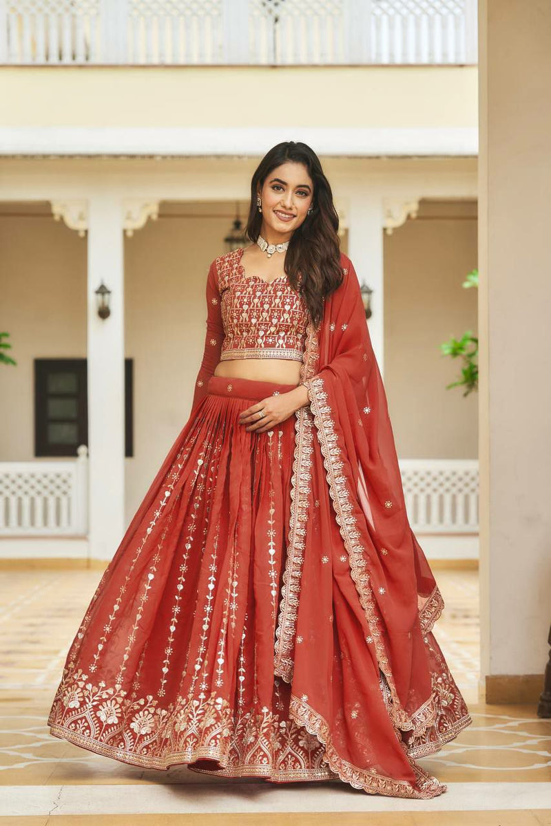 Red Faux Georgette Lehenga Choli With Thread Embroidery For Women