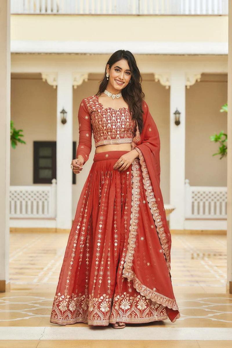 Red Faux Georgette Lehenga Choli With Thread Embroidery For Women