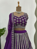 Faux Georgette Purple Lehenga Choli With Thread Embroidery For Women