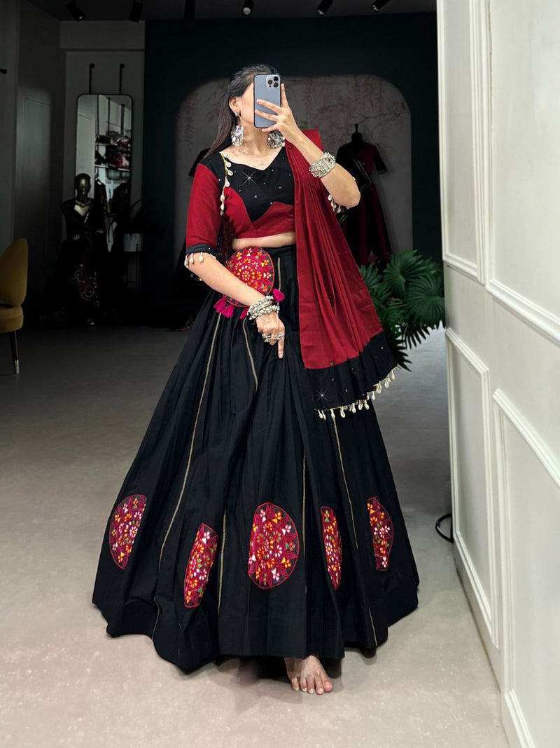 Sangeet Night Special Cotton Kutchi Patchwork Black Lehenga Choli For Women