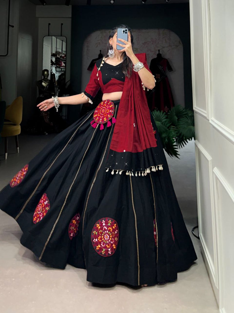 Sangeet Night Special Cotton Kutchi Patchwork Black Lehenga Choli For Women