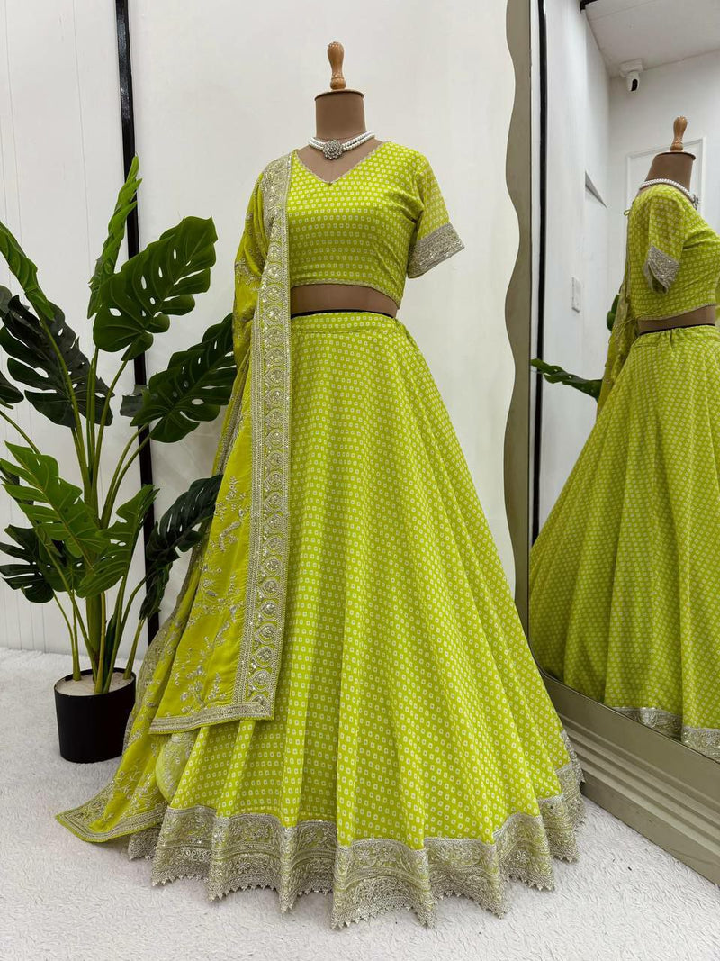 Stylish Light Green Faux Georgette Lehenga Choli With Thread Embroidery For Women