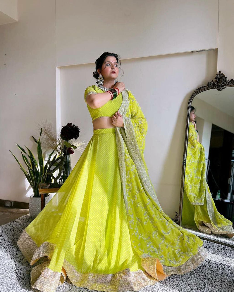 Stylish Light Green Faux Georgette Lehenga Choli With Thread Embroidery For Women