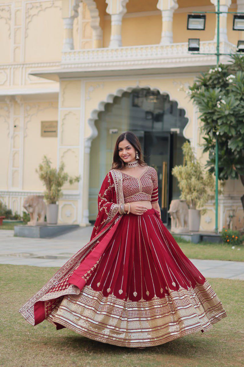 Red Faux Georgette Lehenga Choli With Thread Embroidery For Women