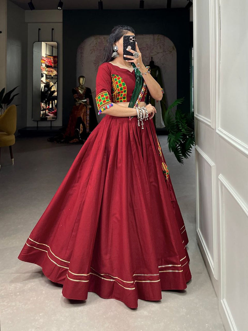 Sangeet Night Special Cotton Kutchi Patchwork Red Lehenga Choli For Women