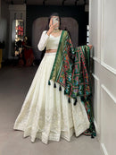 NAVRATRI SPECIAL WHITE COTTON KUTCHI PATCHWORK LEHENGA CHOLI WITH DUPATTA SET FOR WOMEN