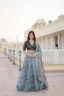 Sky Faux Georgette Lehenga Choli With Thread Embroidery For Women