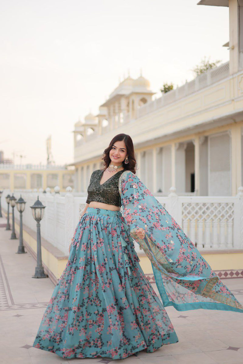 Sky Faux Georgette Lehenga Choli With Thread Embroidery For Women