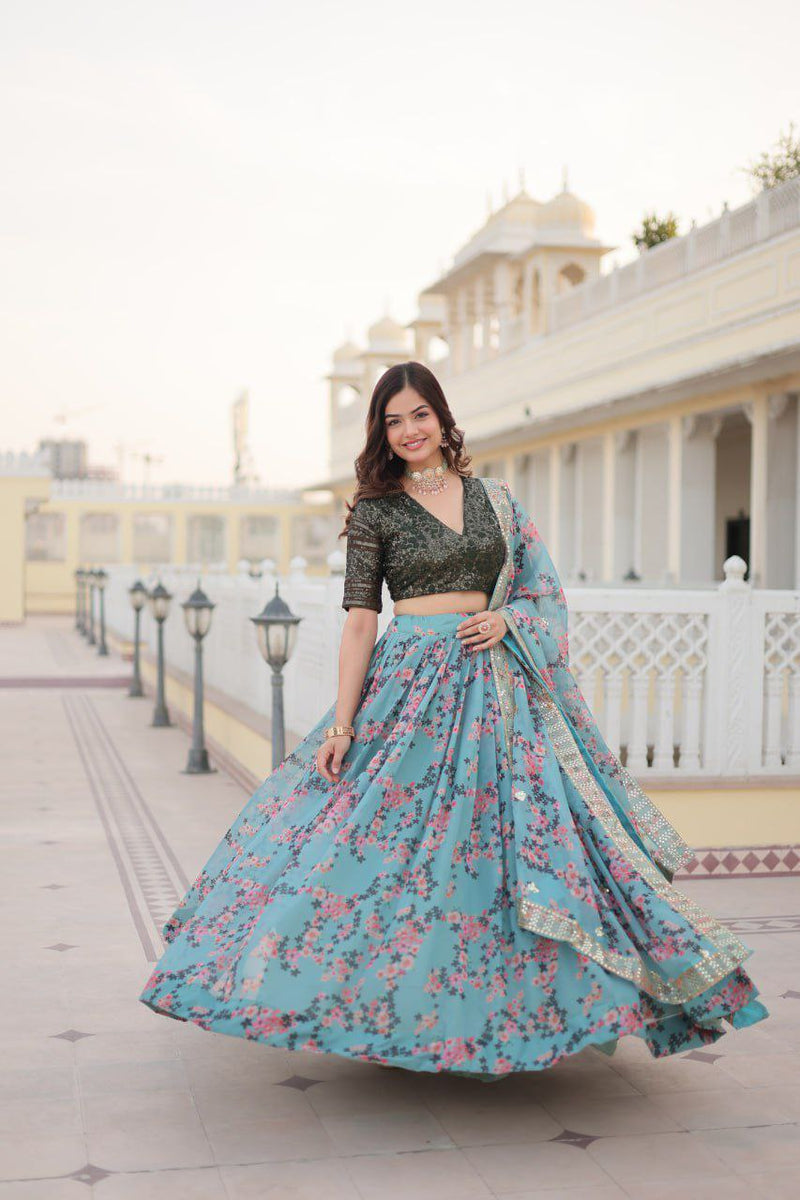 Sky Faux Georgette Lehenga Choli With Thread Embroidery For Women