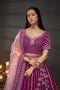 Wine Embroidered Sequined Silk Lehenga & Unstitched Blouse With Dupatta For Women