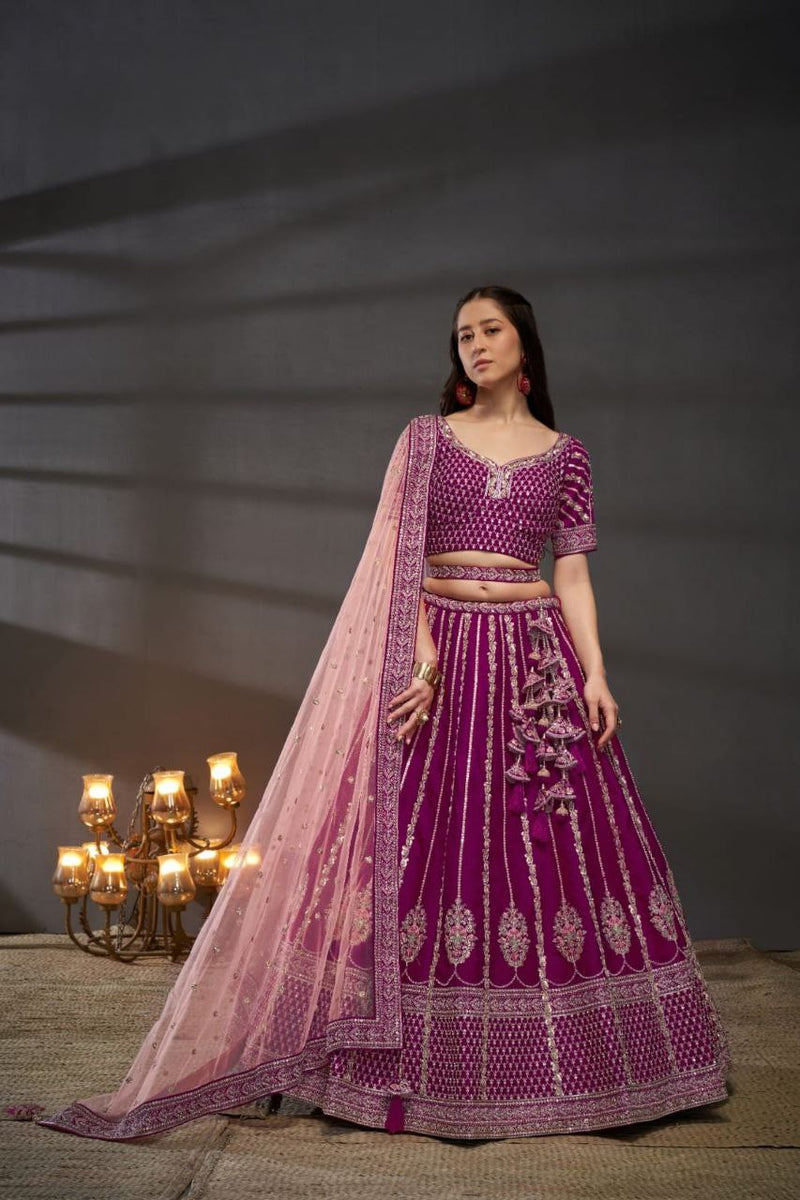 Wine Embroidered Sequined Silk Lehenga & Unstitched Blouse With Dupatta For Women