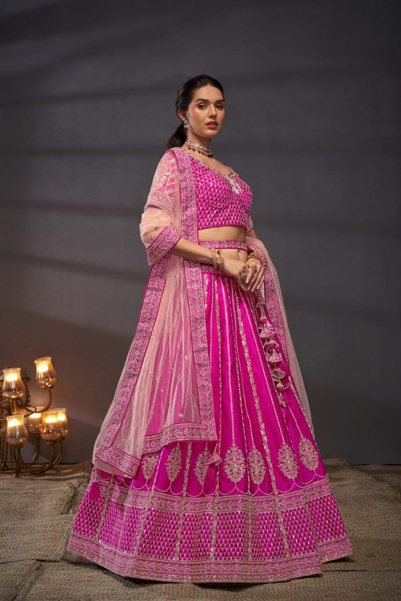 Pink Embroidered Sequined Silk Lehenga & Unstitched Blouse With Dupatta For Women