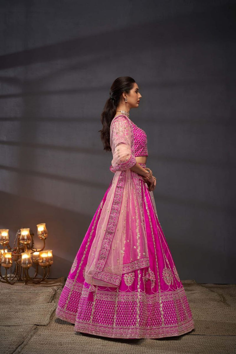 Pink Embroidered Sequined Silk Lehenga & Unstitched Blouse With Dupatta For Women