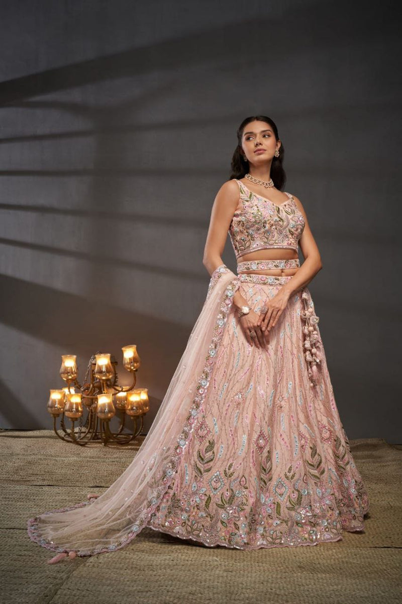 Peach Embroidered Sequined Silk Lehenga & Unstitched Blouse With Dupatta For Women