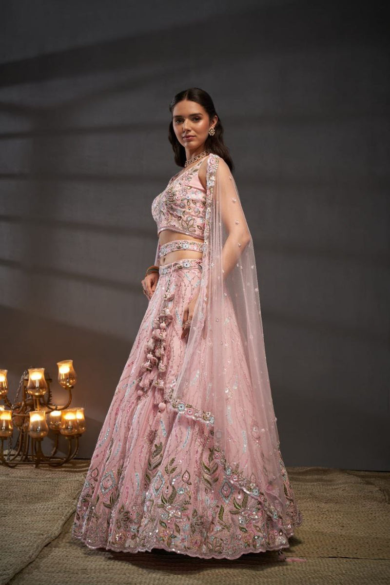 Pink Embroidered Sequined Silk Lehenga & Unstitched Blouse With Dupatta For Women