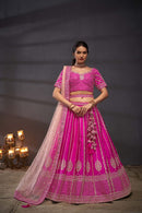 Pink Embroidered Sequined Silk Lehenga & Unstitched Blouse With Dupatta For Women