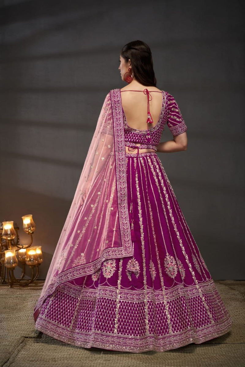 Wine Embroidered Sequined Silk Lehenga & Unstitched Blouse With Dupatta For Women