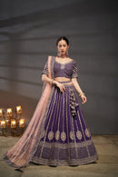 Purple Embroidered Sequined Silk Lehenga & Unstitched Blouse With Dupatta For Women