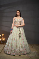 Off White Embroidered Sequined Silk Lehenga & Unstitched Blouse With Dupatta For Women