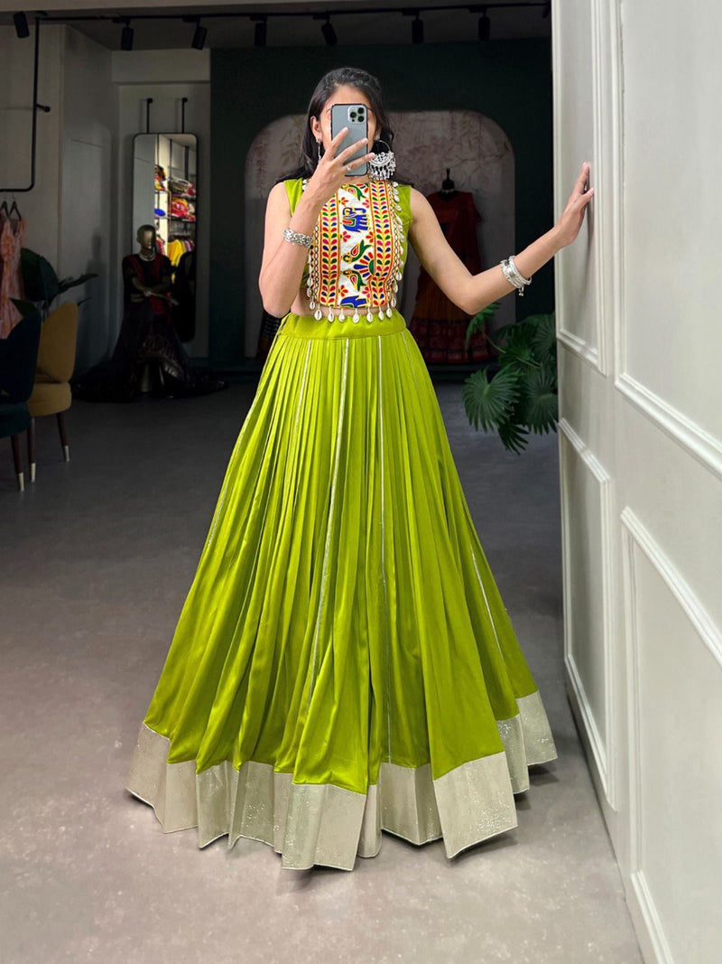 Neon Color Sabyasachi Kutchi Gamthi Work Lehenga Choli For Women