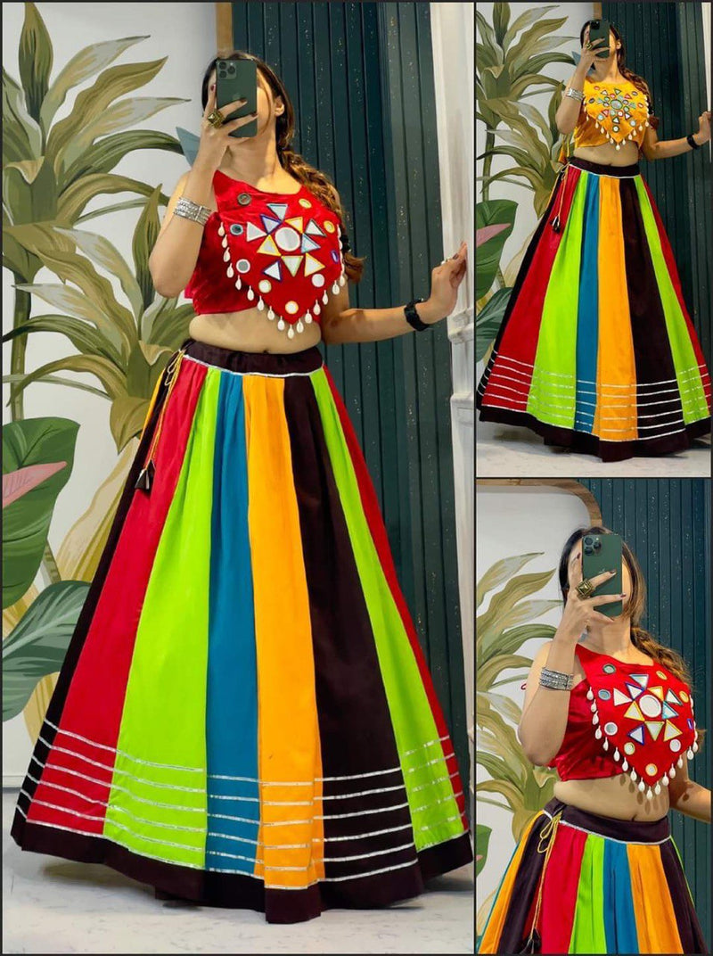 Multi Color Sabyasachi Kutchi Gamthi Work Lehenga Choli For Women