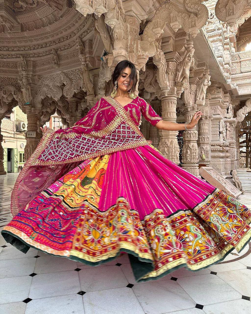 Pink Cotton Mirror Work Rajasthani Navratri lehenga Choli