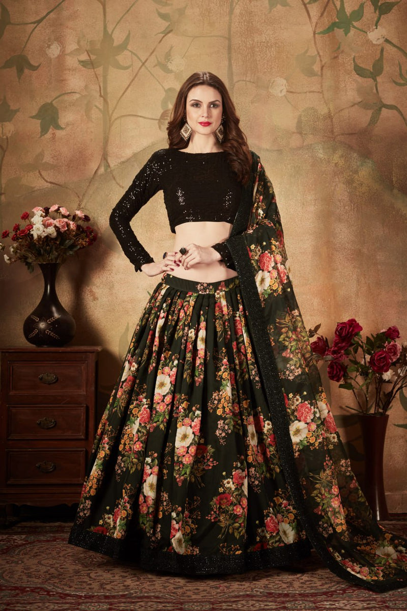 Black Printed Faux Georgette Lehenga Choli With Thread Embroidery For Women