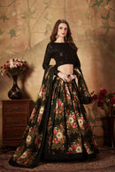 Black Printed Faux Georgette Lehenga Choli With Thread Embroidery For Women