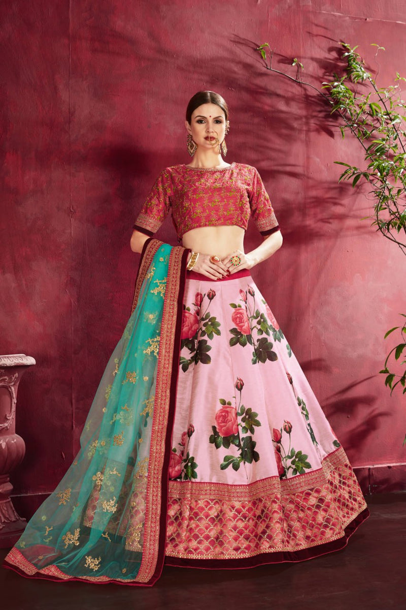 Multi Color Printed Faux Georgette Lehenga Choli With Thread Embroidery With Dupatta Set For Women