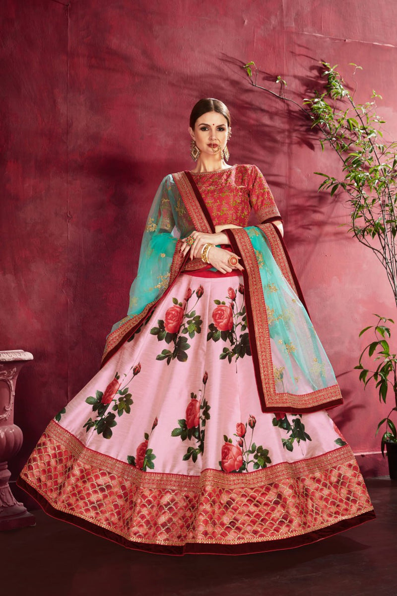 Multi Color Printed Faux Georgette Lehenga Choli With Thread Embroidery With Dupatta Set For Women