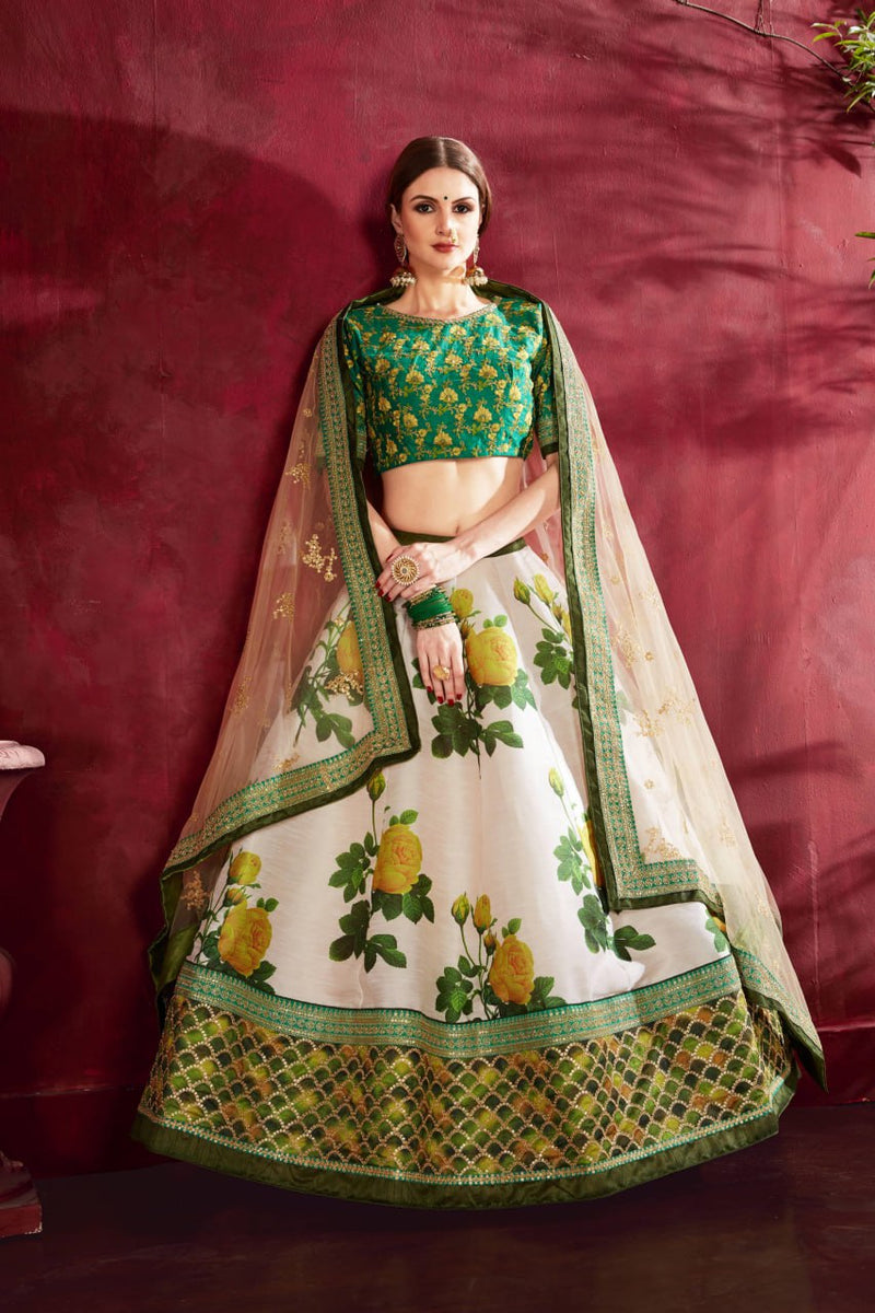 Multi Color Printed Faux Georgette Lehenga Choli With Thread Embroidery With Dupatta Set For Women