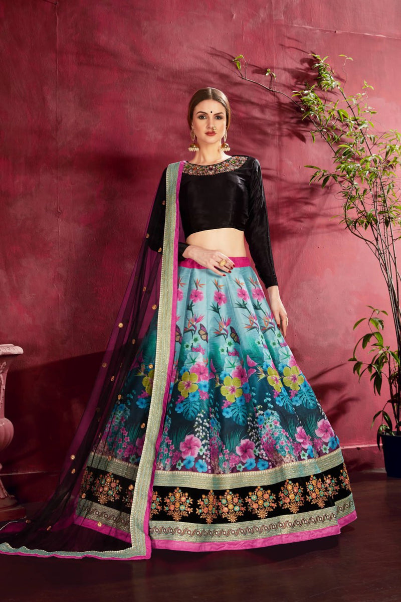 Multi Color Printed Faux Georgette Lehenga Choli With Thread Embroidery With Dupatta Set For Women