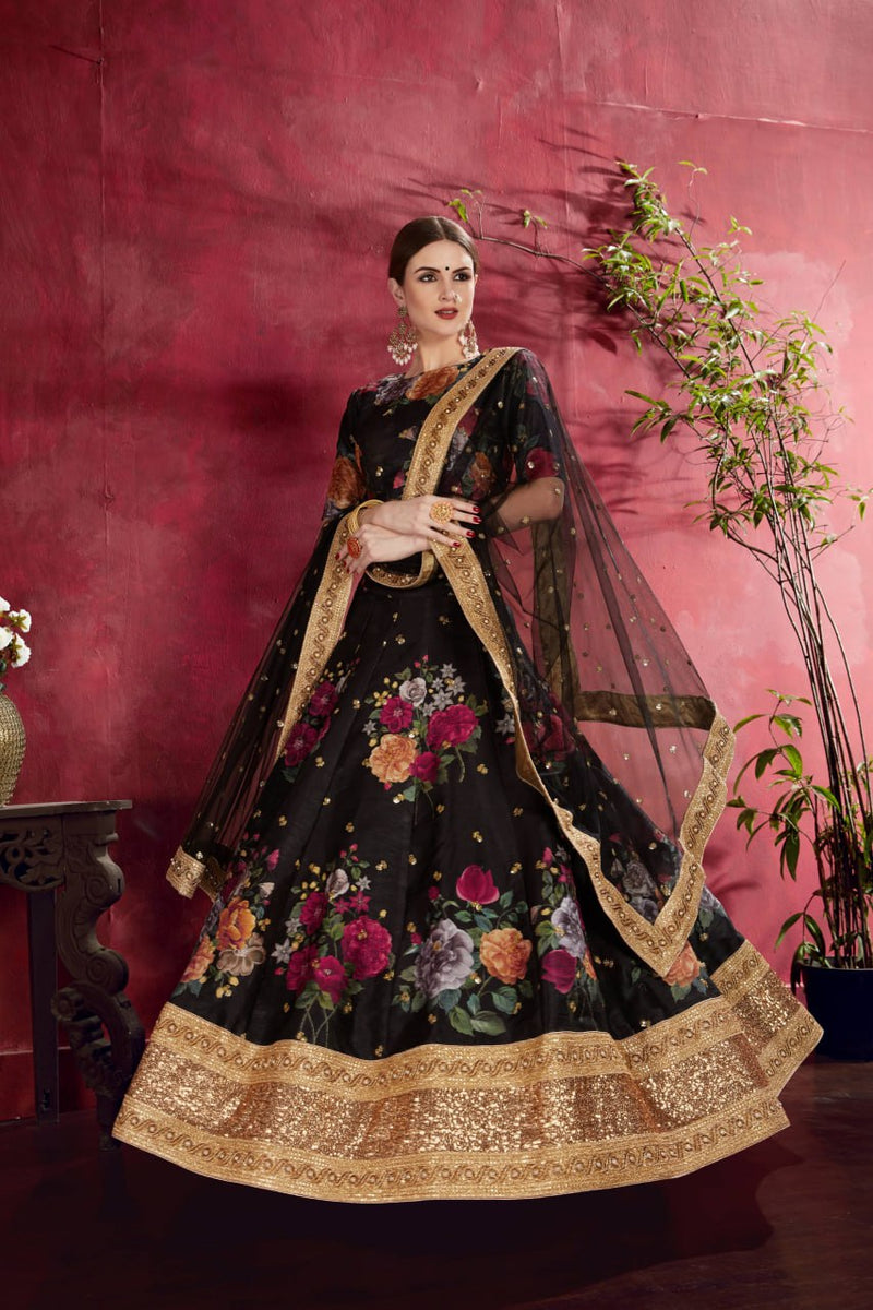 Multi Color Printed Faux Georgette Lehenga Choli With Thread Embroidery With Dupatta Set For Women