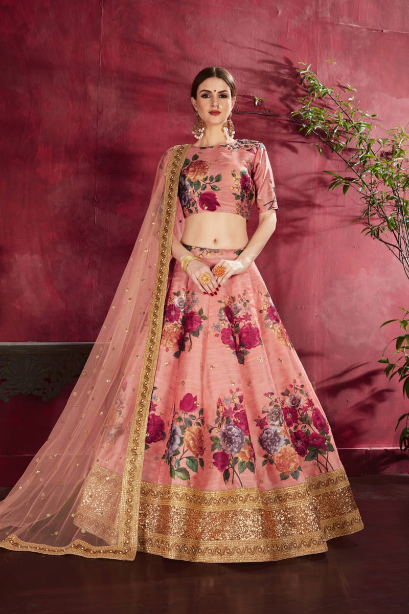 Multi Color Printed Faux Georgette Lehenga Choli With Thread Embroidery With Dupatta Set For Women