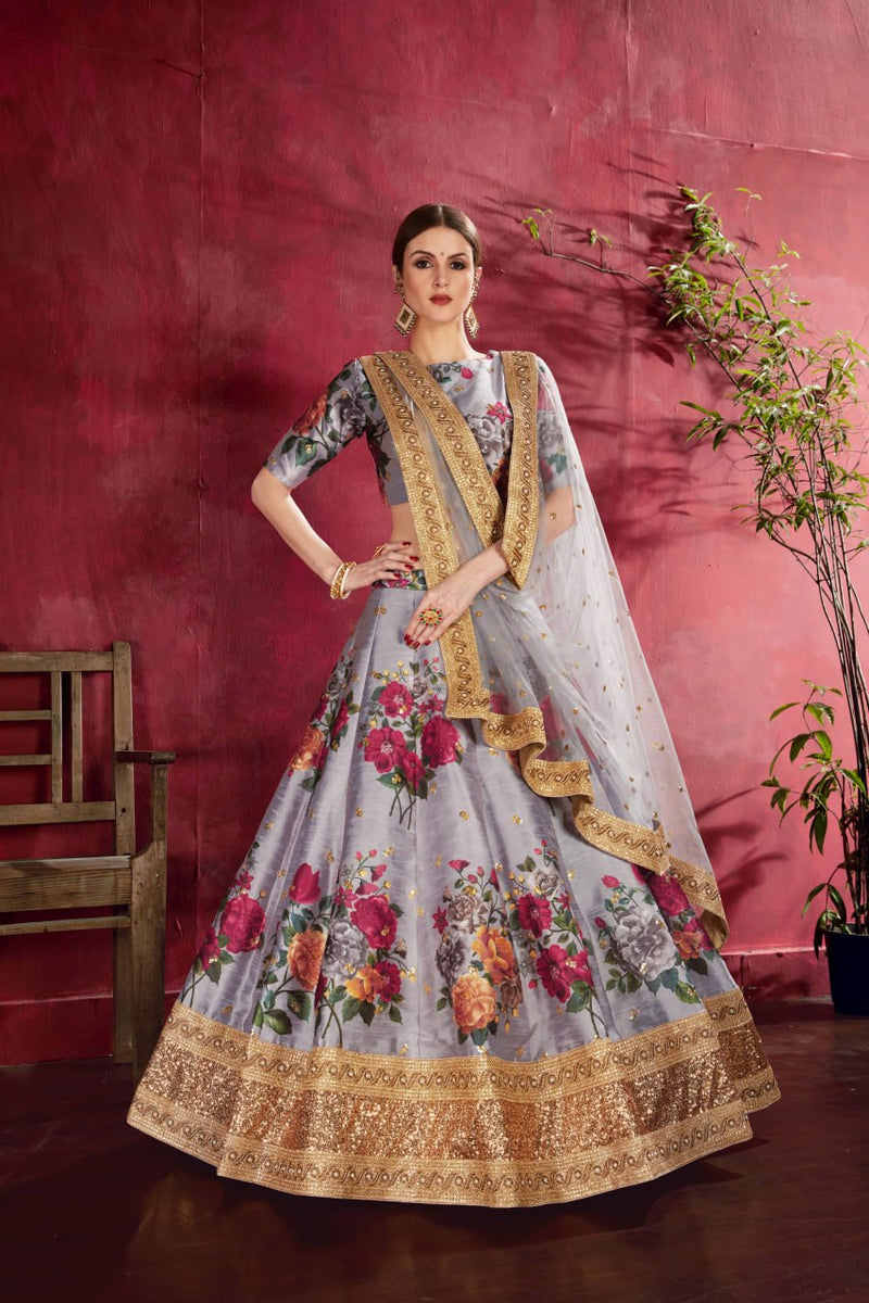 Multi Color Printed Faux Georgette Lehenga Choli With Thread Embroidery With Dupatta Set For Women