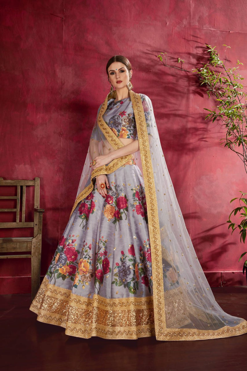 Multi Color Printed Faux Georgette Lehenga Choli With Thread Embroidery With Dupatta Set For Women