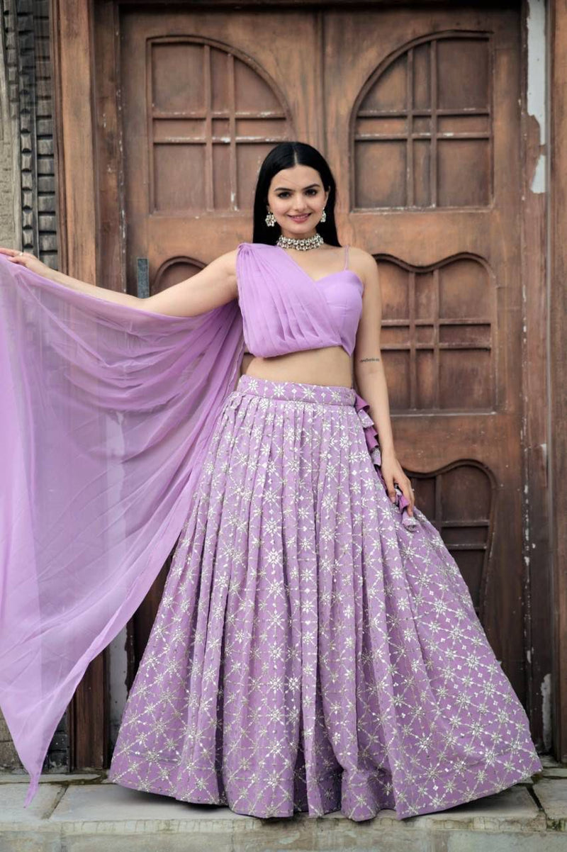 Purple Faux Georgette Lehenga Choli With Thread Embroidery With Dupatta Set For Women