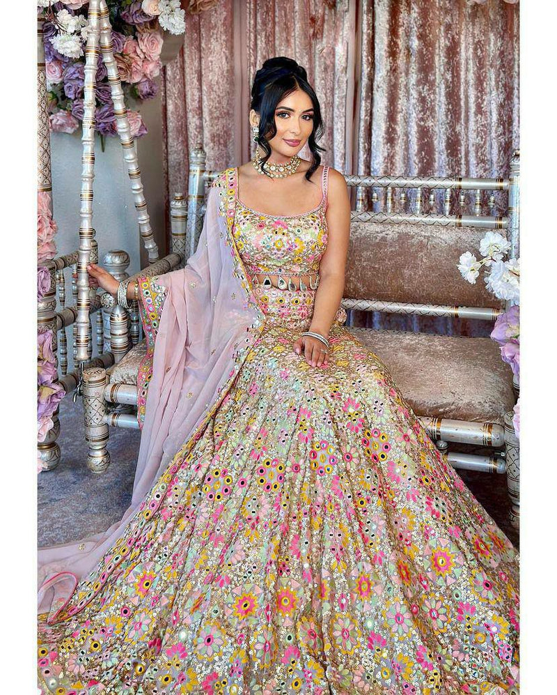 Indian Designer Multicolor Beige Embroidered Silk Lehenga Choli for Brides Bridesmaids Sangeet